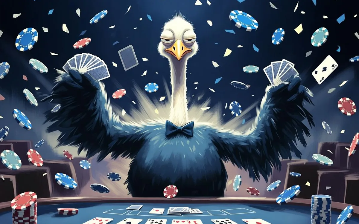 Duel Blackjack — ein absurder Straußen-Dealer wirft Karten und Chips, im Stil von Duels wilden Live-Dealern