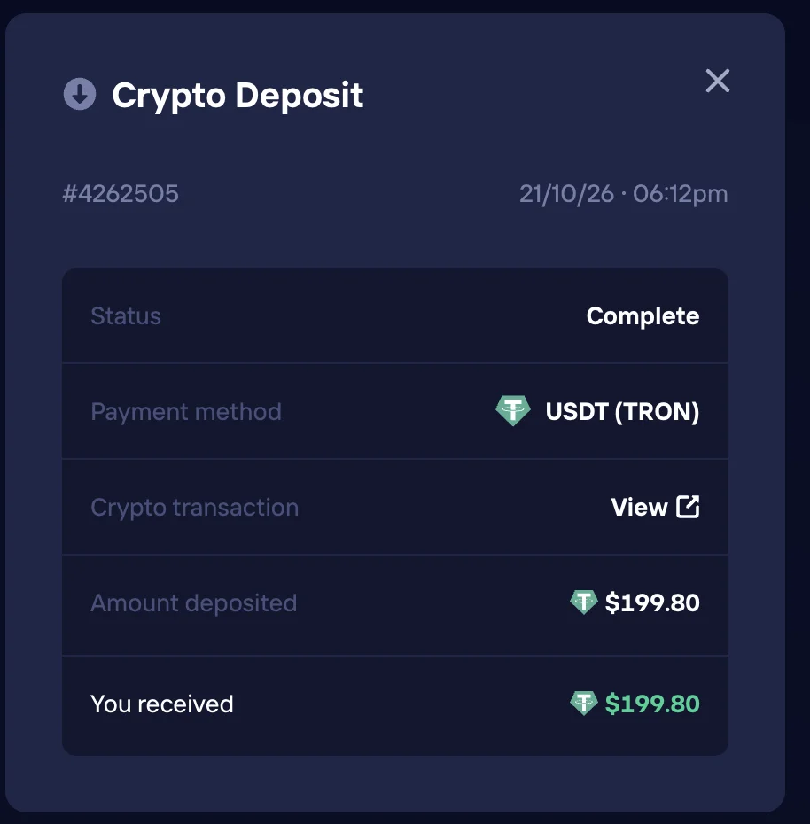 Duel crypto deposit #4262505 on 21 October 2026 at 6:12 PM: USDT (TRON), status Complete, $199.80 deposited and received