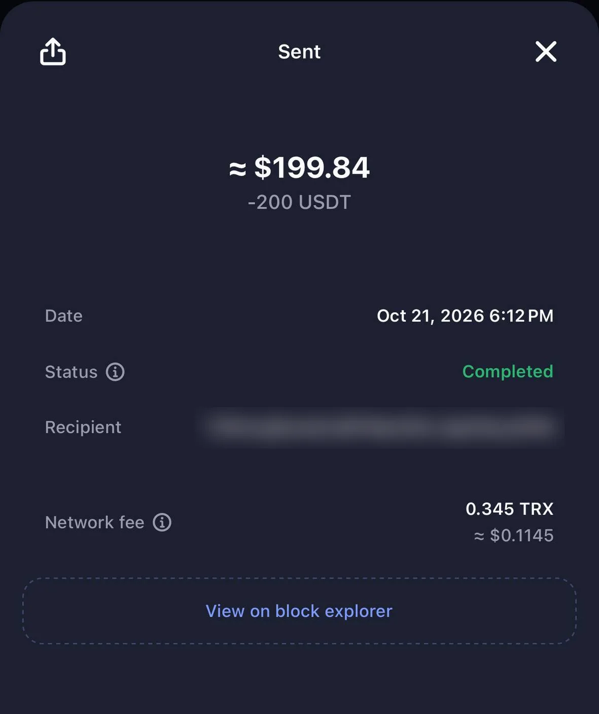 Wallet showing 200 USDT sent on 21 October 2026 at 6:12 PM, status Completed, network fee 0.345 TRX