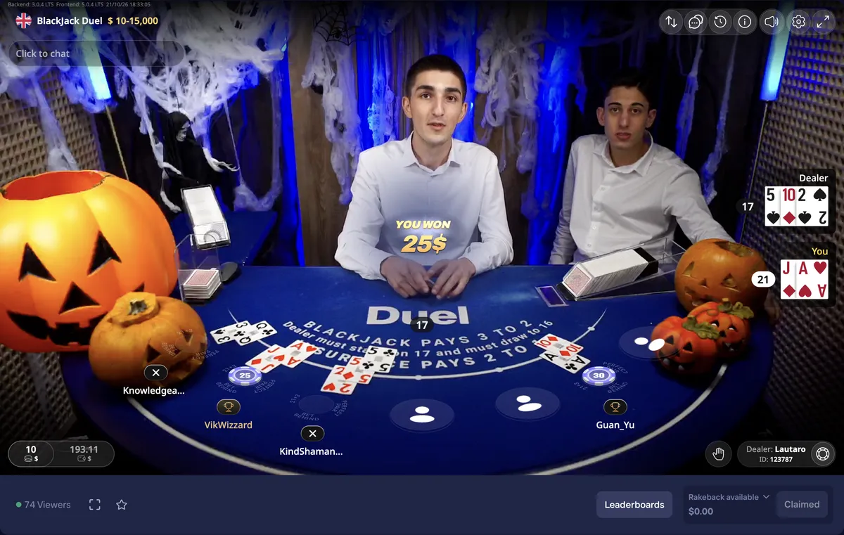 Duel live blackjack: our hand of jack and ace, 21, You won 25 dollars