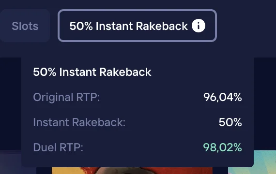 Duelin 50 % Instant Rakeback -erittely: alkuperäinen RTP 96,04 %, Duel RTP 98,02 %
