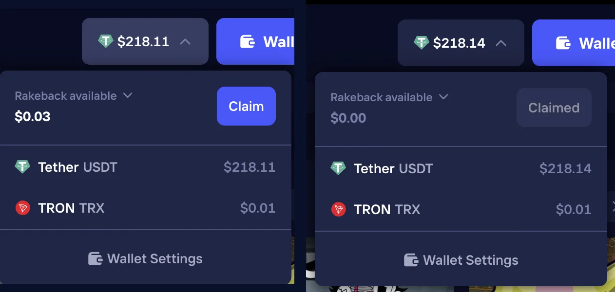 Claiming rakeback at Duel on 21 October 2026: $0.03 available and a balance of $218.11, then Claimed and $218.14