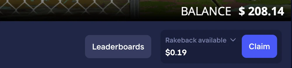 Gator Hunters 2 at Duel after one losing $10 spin: balance $208.14, rakeback available $0.19 with a Claim button