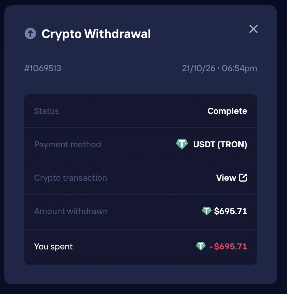 Duel crypto withdrawal #1069513 on 21 October 2026 at 6:54 PM: USDT (TRON), status Complete, $695.71 withdrawn