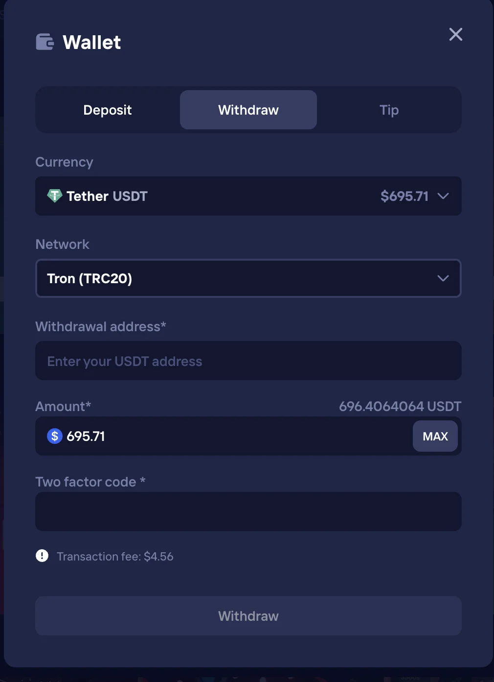 Duel withdrawal form: Tether USDT on Tron (TRC20), amount 695.71 after pressing MAX, transaction fee $4.56