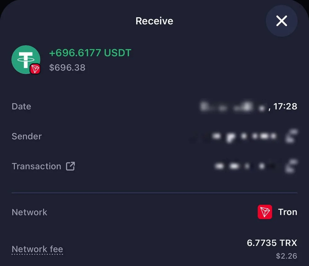 Lommeboken mottok 696,62 USDT kl. 17.28