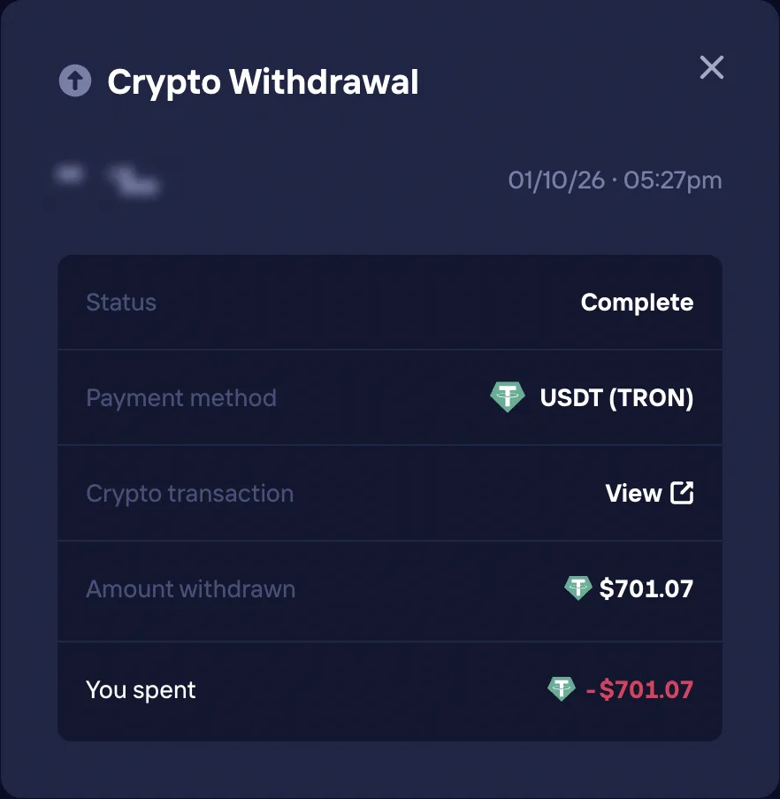 Duel-uttak på 701,07 USDT i TRON-nettverket, status Complete