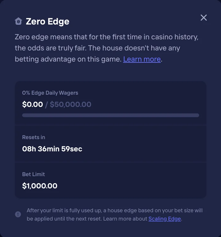Duel Originals Blackjack Zero Edge window: 0% edge daily wagers $0.00 of $50,000.00, resets in 08h 36min, bet limit $1,000.00