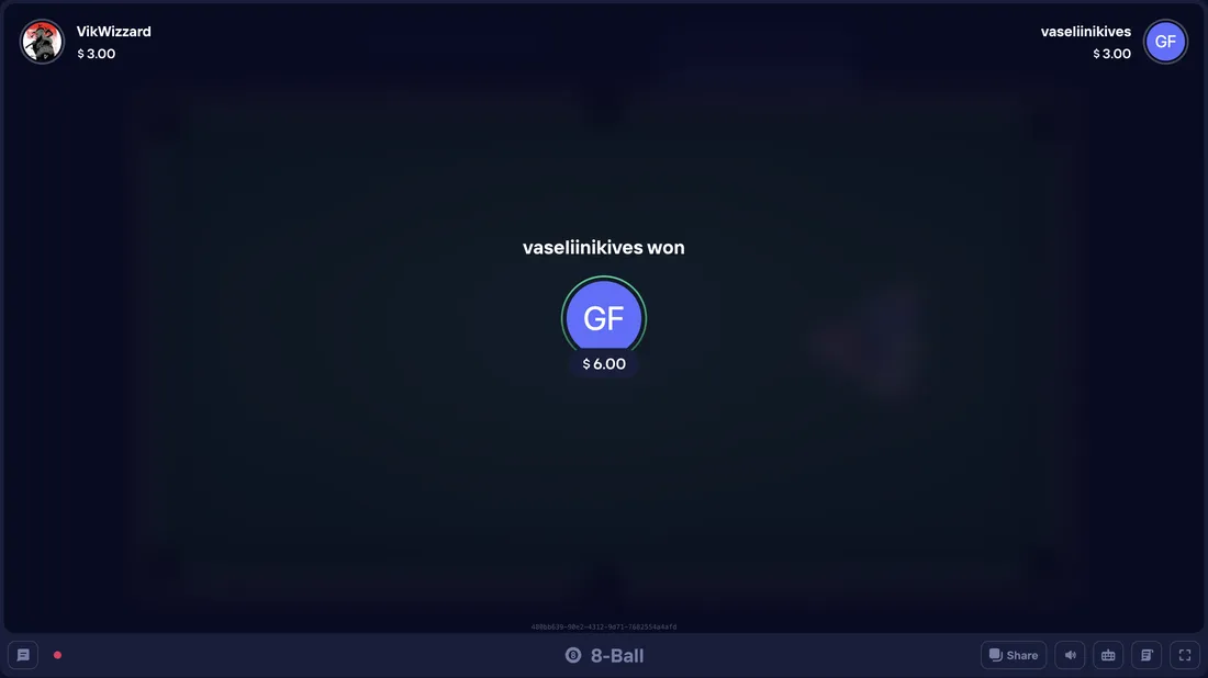 Duel Arena 8 Ball -tulos: vaseliinikives voitti VikWizzardin ja sai 6,00 dollaria kahdesta 3 dollarin panoksesta