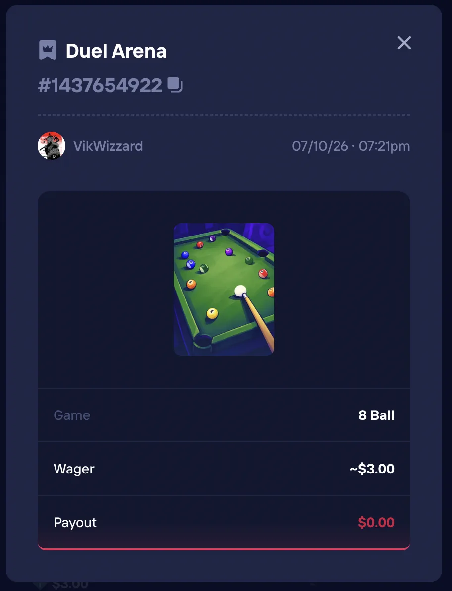 Duel Arena -vetokuitti #1437654922 käyttäjälle VikWizzard: 8 Ball, panos 3,00 dollaria, voitto 0,00 dollaria