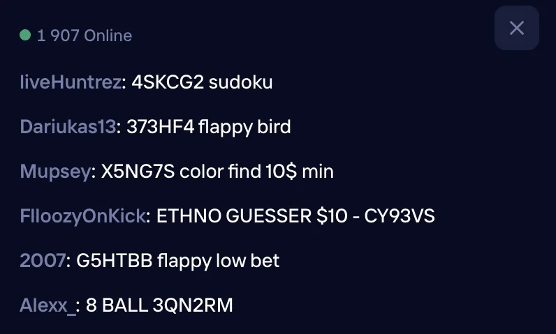 Duelin chat, jossa pelaajat postaavat Arena-aulojen koodeja Sudokuun, Flappy Birdiin, Color Findiin, EthnoGuessriin ja 8 Balliin
